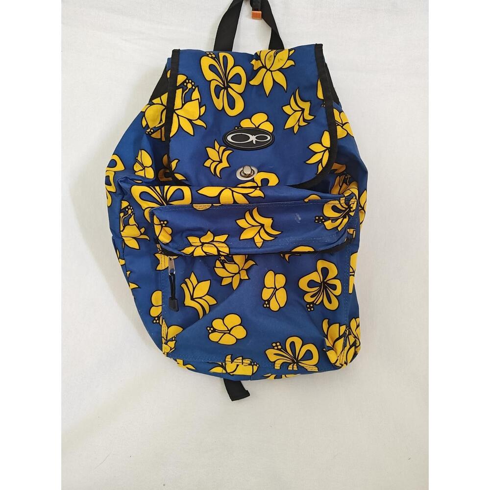 OP Tropical Hawaiian Blue yellow Flower Canvas Backpack Ocean‎ Pacific Vintage